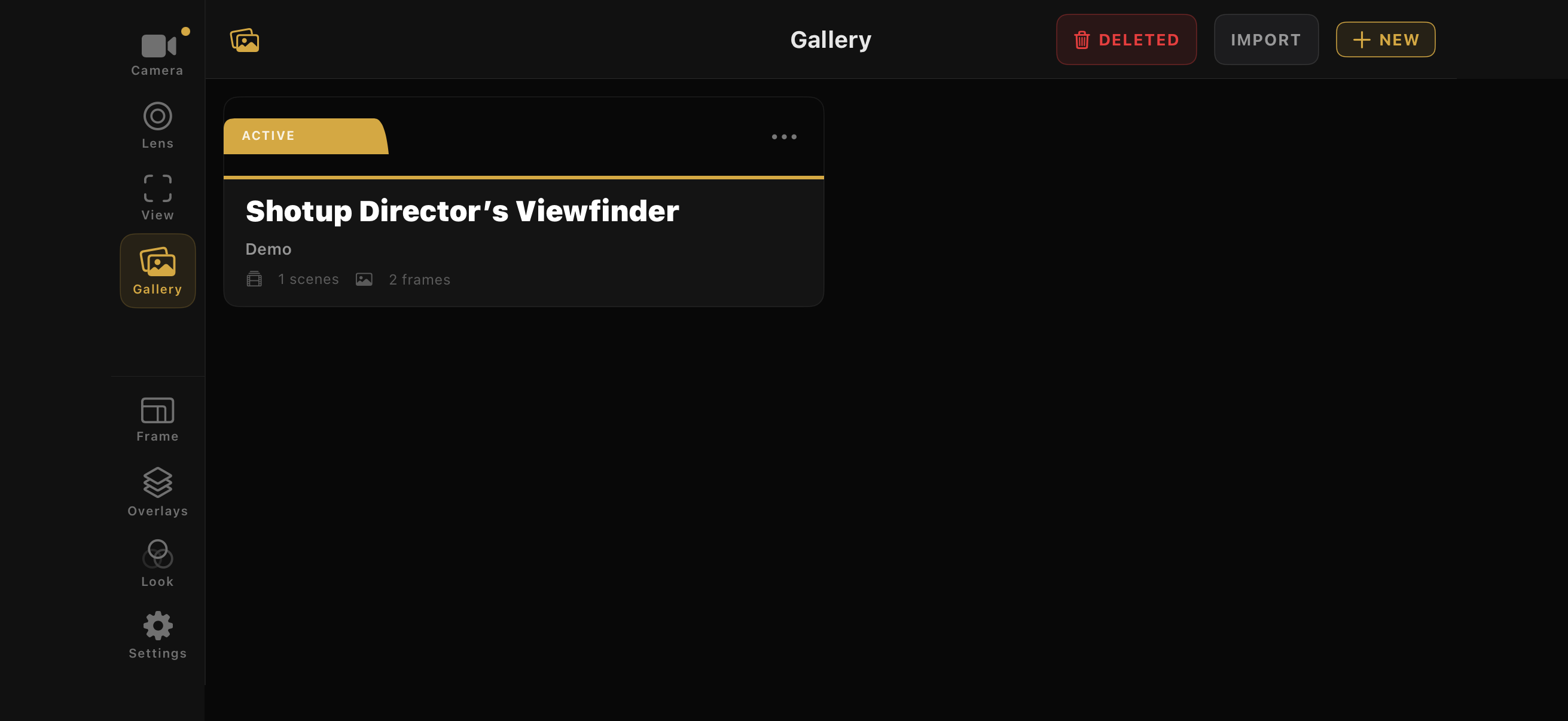 Shotup Gallery screen showing the active project card and gallery controls